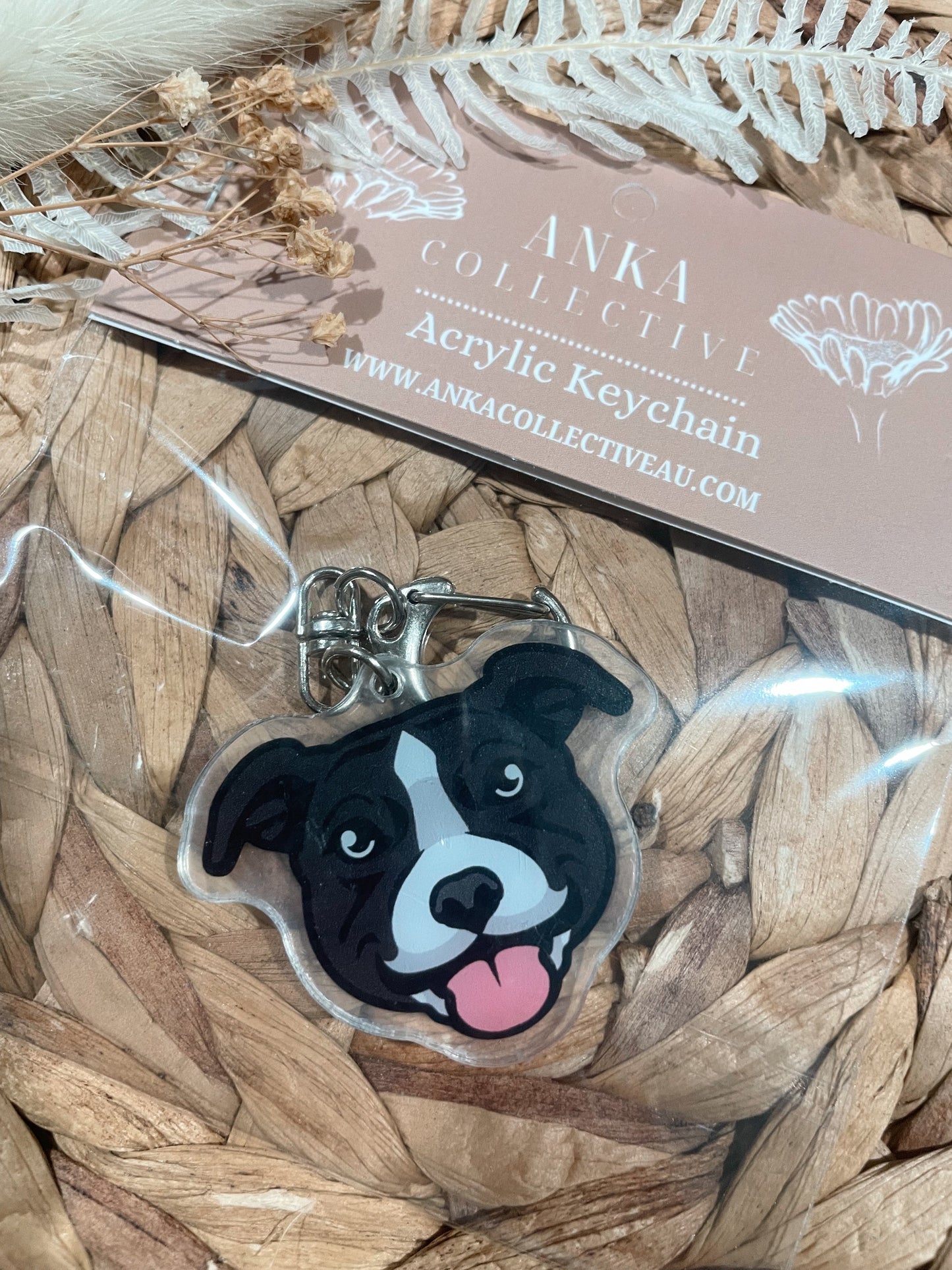 Staffy Black & White Dog Keychain