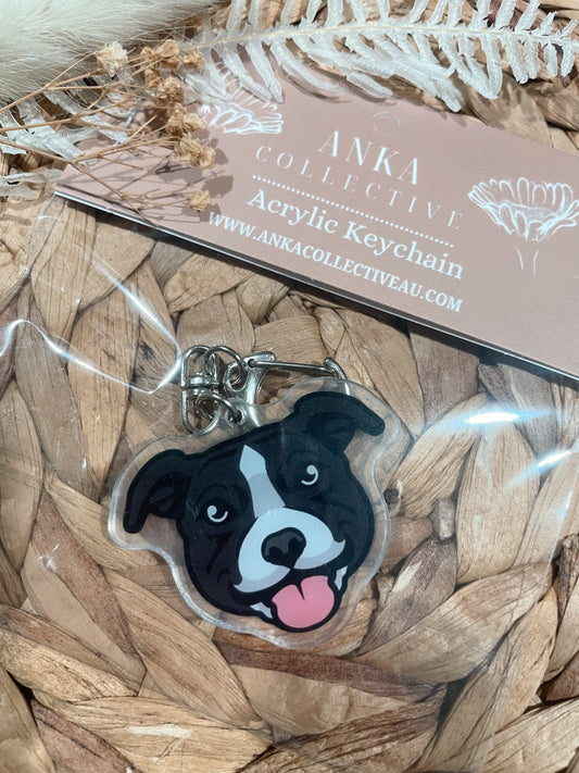 Staffy Black & White Dog Keychain