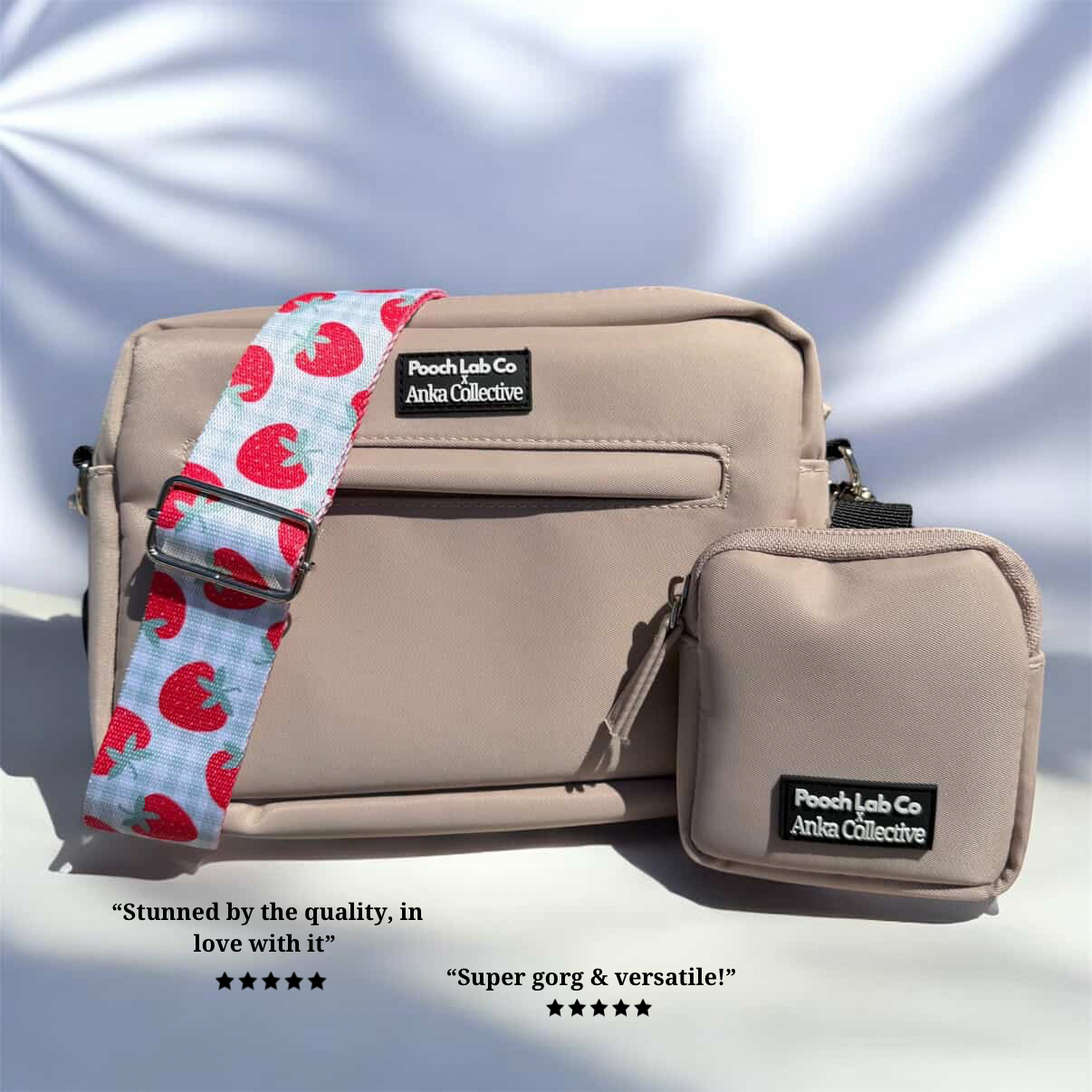 Pooch Walking Bag (Neutral Oat) - Strawberry Gingham